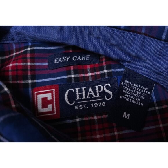 Chaps Easy Care Mens Medium Blue Red Plaid Long Sleeve Button Down Logo Shirt - Picture 11 of 11